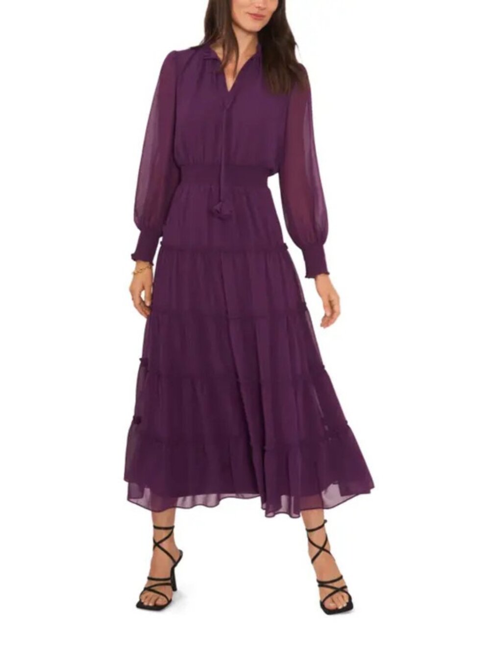 1. STATE Plum Purple Puff Sleeve Ruffle Tiered Midi Maxi Dress Size XL